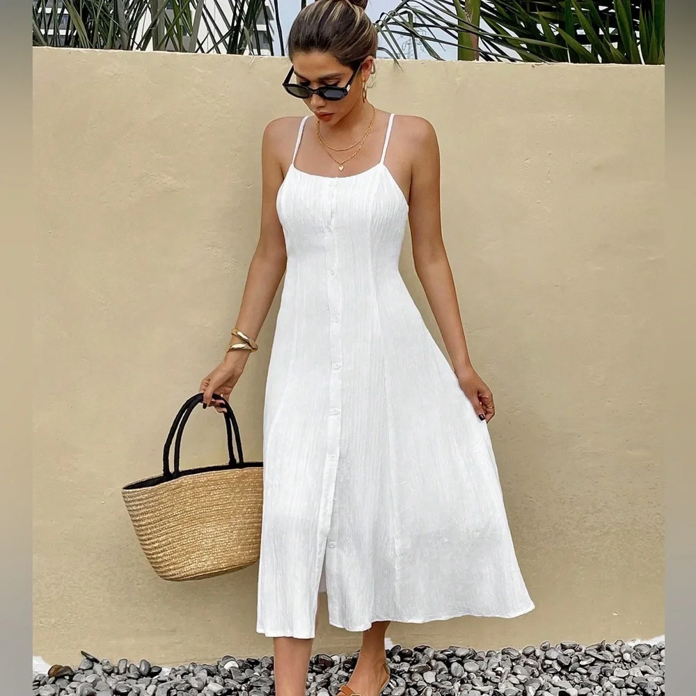 Textured button down front cami midi dress bohemian white prairie dress - Picture 2 of 6